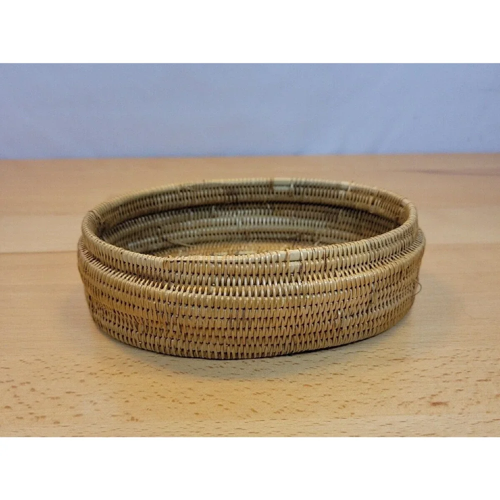 Turtle Carved Wooden Woven Rattan Basket with Lid Wood Base Trinket Box 6.5”